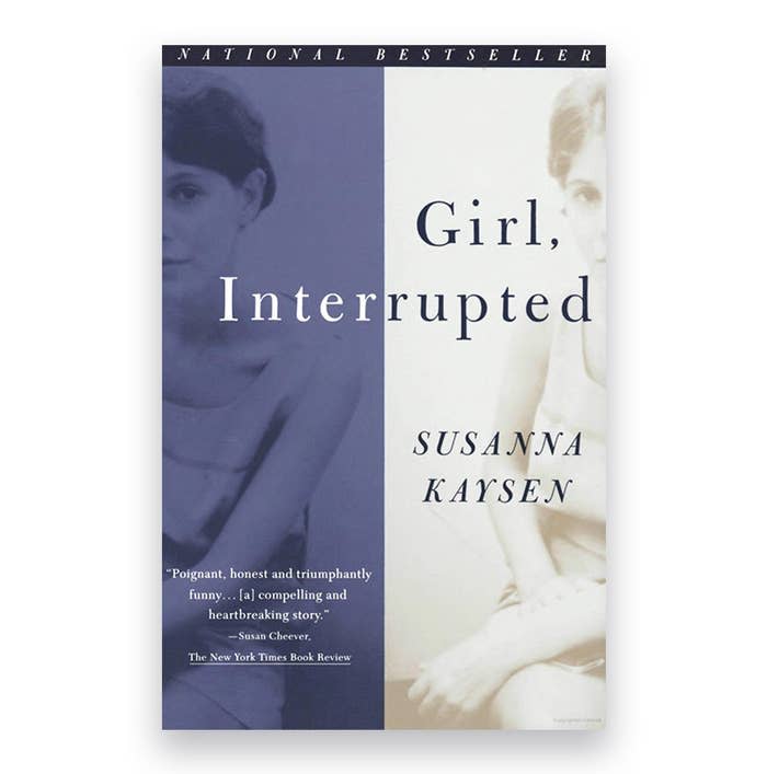 The book cover for "Girl, Interrupted" by Susanna Kaysen. A portrait of a woman, cut in half. One side is in a purple tone, the other in a white tone.