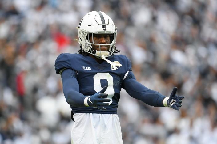 Oct 23, 2021; University Park, Pennsylvania, USA; Penn State Nittany Lions cornerback Joey Porter Jr. (9) gestures to the crowd against the Illinois Fighting Illini during the second half at Beaver Stadium.