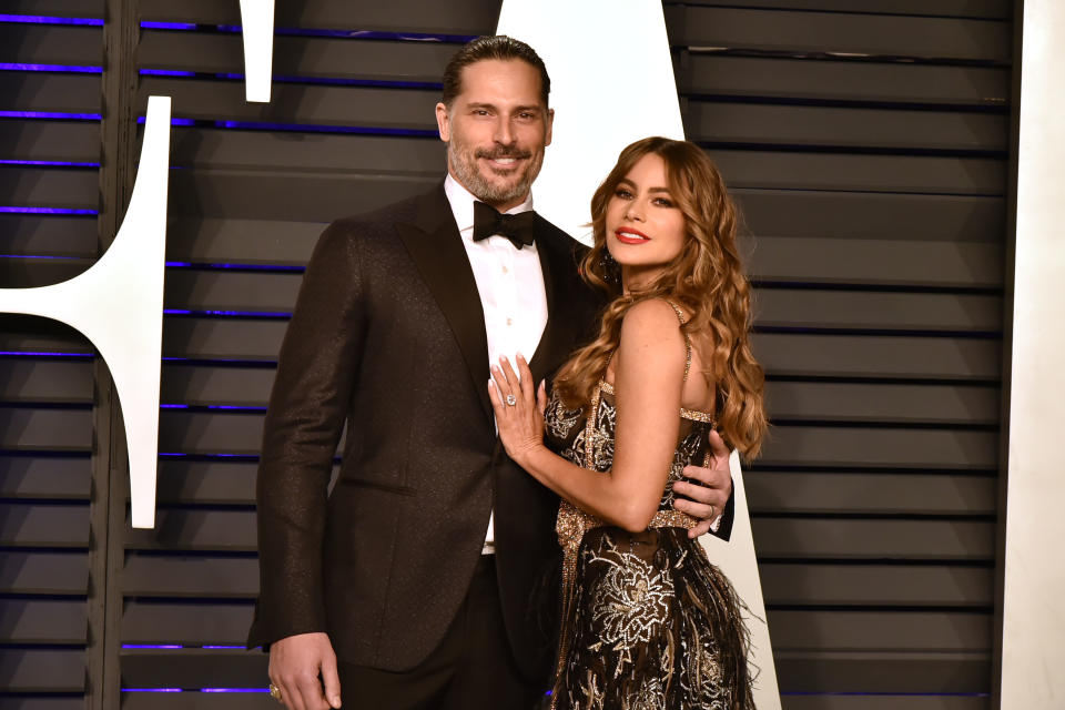 BEVERLY HILLS, CALIFORNIA - FEBRUARY 24: (L-R) Joe Manganiello and Sofia Vergara attend the 2019 Vanity Fair Oscar Party at Wallis Annenberg Center for the Performing Arts on February 24, 2019 in Beverly Hills, California. (Photo by David Crotty/Patrick McMullan via Getty Images)