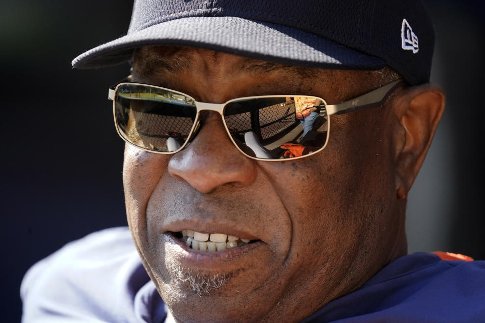 Houston Astros manager Dusty Baker Jr., talks to media members during baseball practice for the American League Division Series, Saturday, Oct. 9, 2021, in Chicago. The Chicago White Sox host the Astros in Game 3 on Sunday. (AP Photo/Nam Y. Huh)