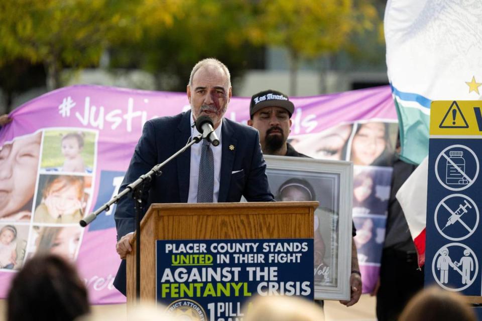Placer County District Attorney Morgan Gire speaks during a press conference at Placer Superior Court Tuesday in Roseville after the sentencing of Nathanial Evan Cabacungan, 22, for second-degree murder for the fentanyl death of Jewels Marie Wolf.