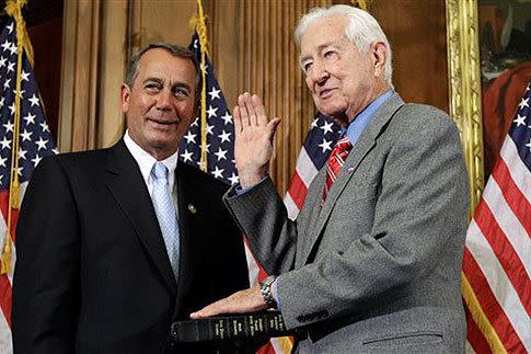 House Speaker John Boehner of Ohio participates in a ceremonial swearing in with congressman Ralph Hall on Capitol Hill in Washington in 2011. Photo: AP