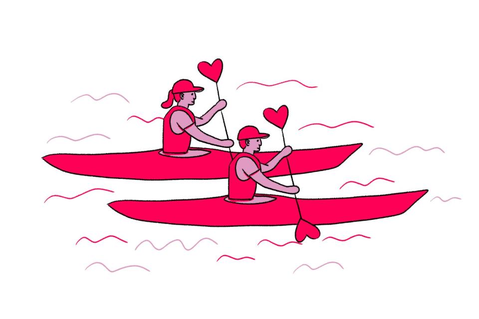 Illustration of two kayakers with heart-shaped oars.