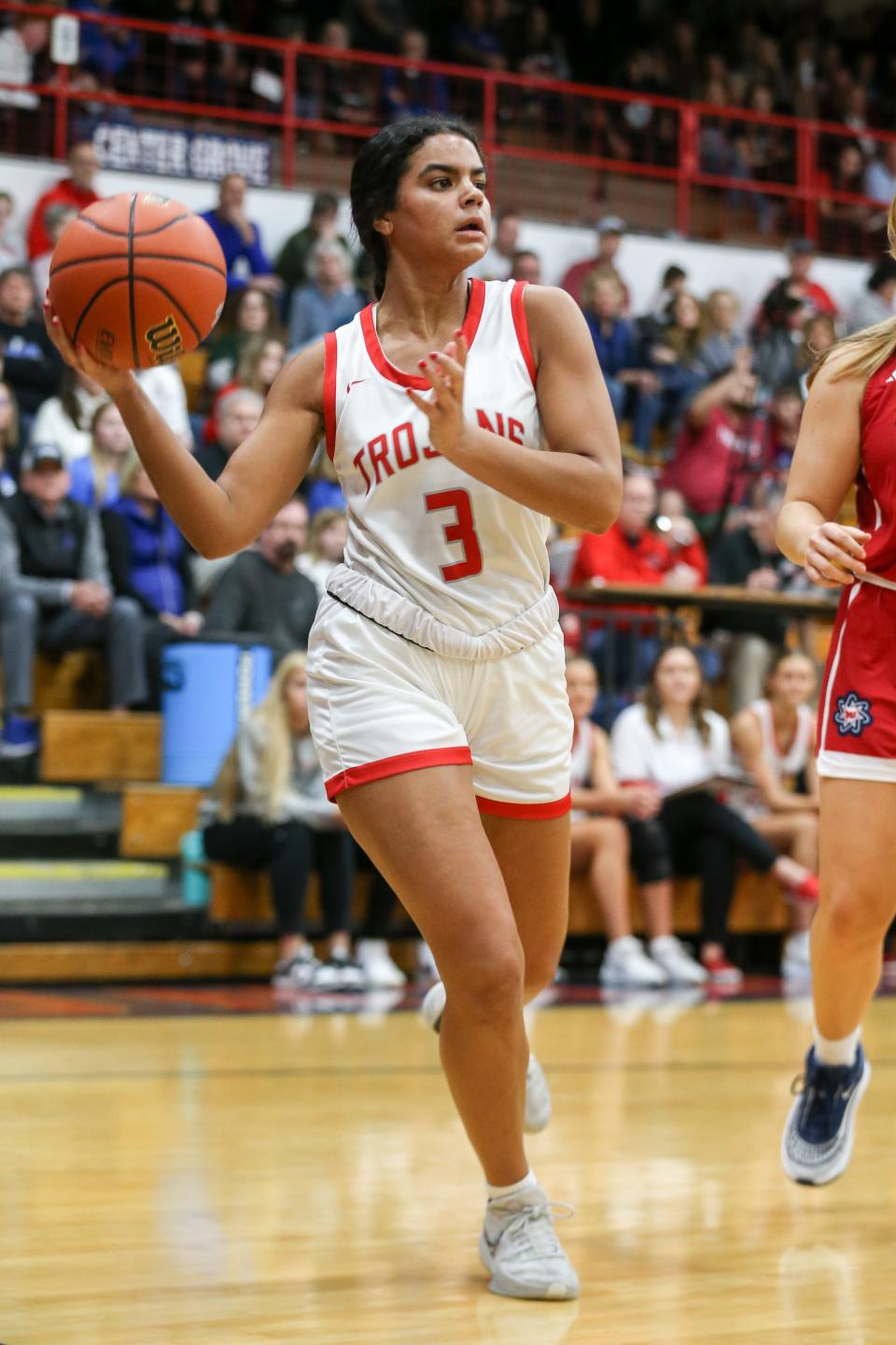 Center Grove Aubrie Booker (3) attempts to pass the ball as Bedford North Lawrence takes on Center Grove High School in the Girls Class 4A IHSAA Region 7 basketball championship, Feb 10, 2024; Bedford, IN, USA; at Bedford North Lawrence High School.