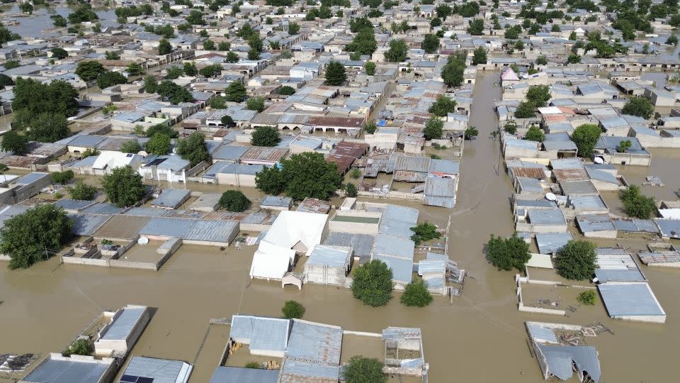 This aerial view shows houses submerged under floodwater in Maiduguri in northeast Nigeria on September 10, 2024. - Audu Marte/AFP/Getty Images