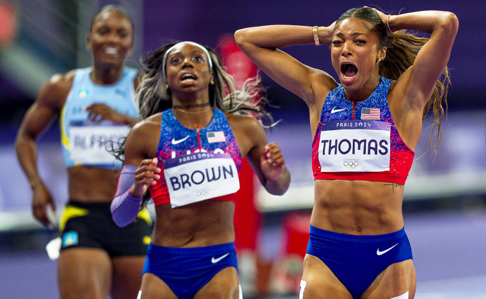 Gabby Thomas, pictured here after winning gold in the 200m final at the Olympics.