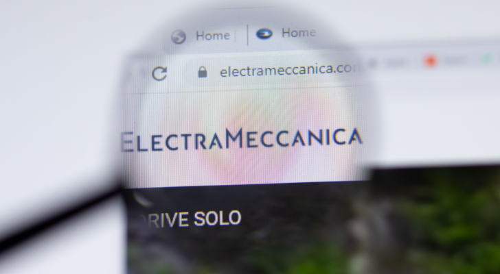 ElectraMeccanica (SOLO) logo close up on website page, Illustrative Editorial