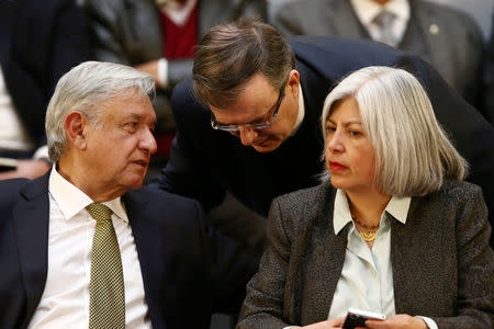FILE PHOTO: Mexico's President Andres Manuel Lopez Obrador speaks with Mexican Foreign Minister Marcelo Ebrard and Mexican Economy Minister Graciela Marquez during a meeting with industry bosses and members of his cabinet to discuss the new administration's policy on the minimum wage at National Palace in Mexico City, Mexico, December 17, 2018. REUTERS/Edgard Garrido/File Photo