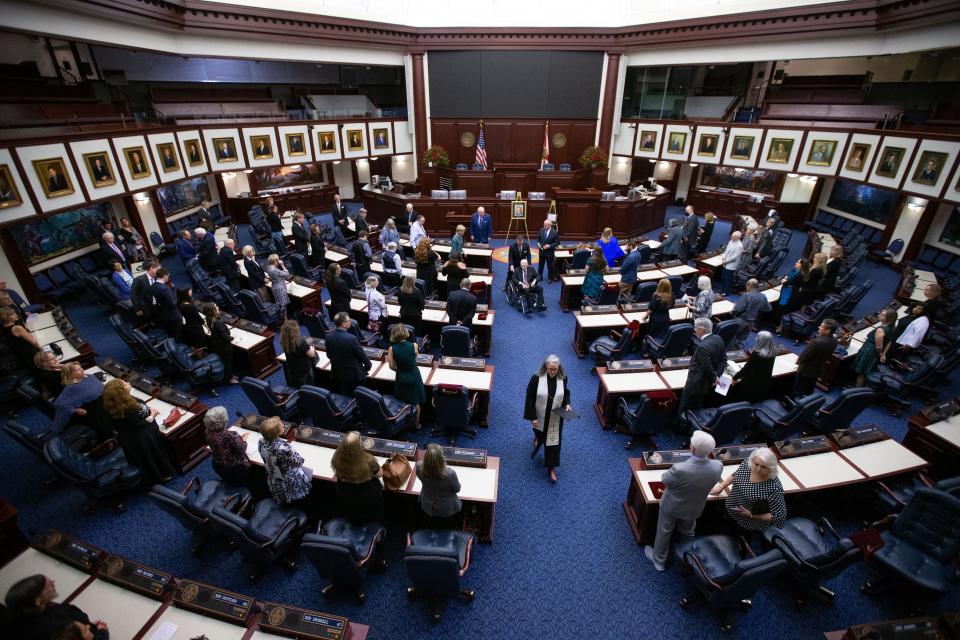 People attend a memorial service for Lucy Morgan held in the Chamber of the Florida House of Representatives on Friday, Sept. 29, 2023.