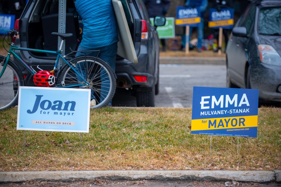 Campaign lawn signs for Burlington mayoral candidates Joan Shannon and Emma Mulvaney-Stanak stand side by side on Town Meeting Day, Tuesday, March 5, 2024, at the Burlington Electric Department on Pine Street in Burlington. Mulvaney-Stanak took the win, becoming the city's first female mayor.
