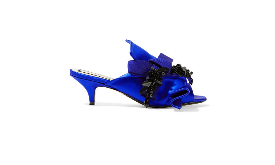 <p>Embellished knotted satin mules, $725, <a rel="nofollow noopener" href="https://www.net-a-porter.com/us/en/product/853457/No_21/embellished-knotted-satin-mules" target="_blank" data-ylk="slk:net-a-porter.com;elm:context_link;itc:0;sec:content-canvas" class="link ">net-a-porter.com</a> </p>