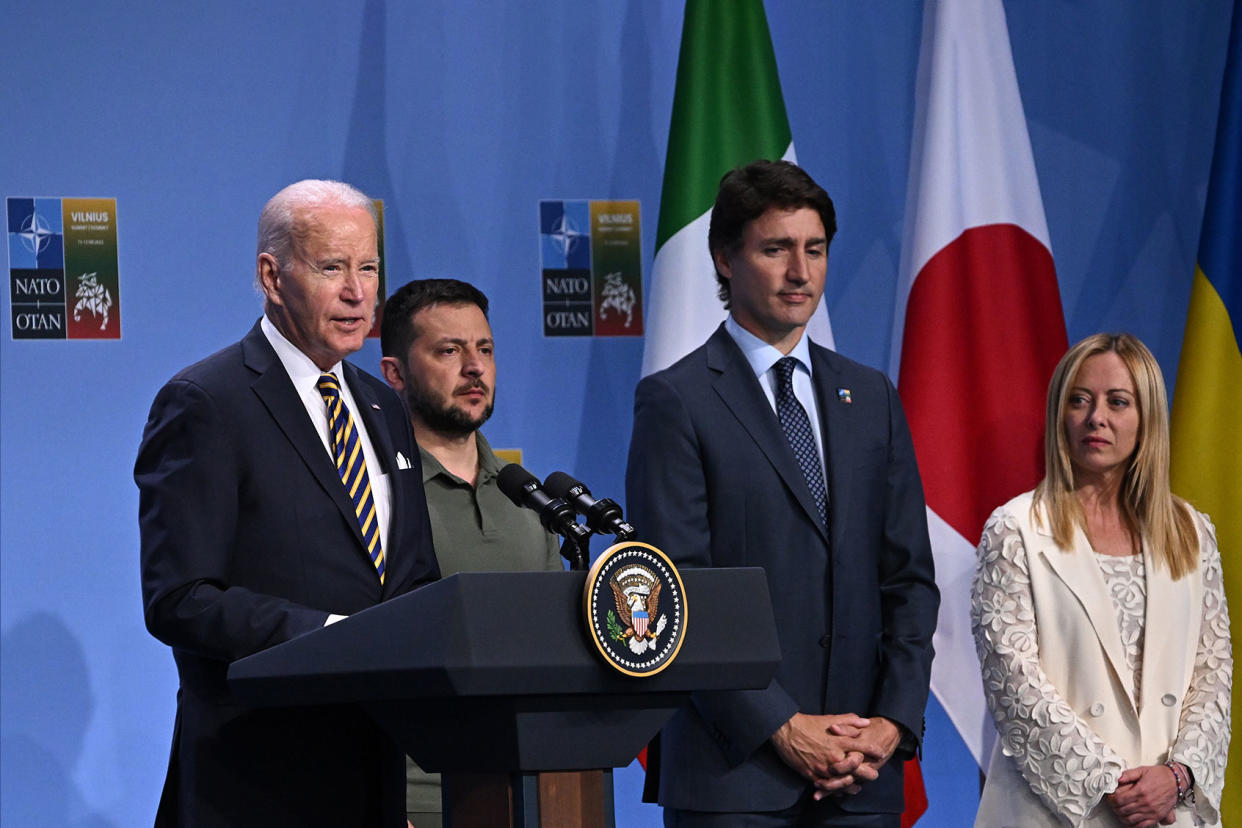 Joe Biden; Volodymyr Zelenskyy; Justin Trudeau; Giorgia MeloniPaul Ellis - Pool/Getty Images