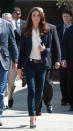 <div class="caption-credit"> Photo by: Samir Hussein/Getty Images</div>During the newlywed's first whirlwind tour through North America in July, Kate wore her slim-fitting J Brand jeans into the ground. Her elegant blazer and blouse pairings elevated the look for official daytime events. But ultimately, denims wouldn't fly a year into her reign. <br>