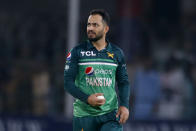Pakistan's Mohammad Nawaz prepares to bowl during the second one-day international cricket match between Pakistan and West Indies at the Multan Cricket Stadium, in Multan, Pakistan, Friday, June 10, 2022. (AP Photo/Anjum Naveed)