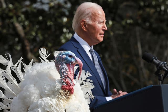 <p>Win McNamee/Getty</p> U.S. President Joe Biden delivers remarks before pardoning the National Thanksgiving turkeys Liberty and Bell during a ceremony on the South Lawn of the White House on November 20, 2023.