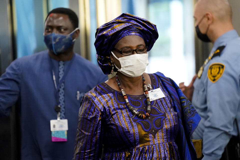 Isatou Touray, vice president of Gambia, arrives at United Nations headquarters, Tuesday, Sept. 21, 2021, during the 76th Session of the U.N. General Assembly in New York. (AP Photo/John Minchillo, Pool)