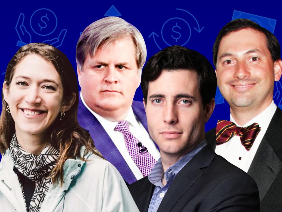 Arielle Zuckerberg, Glen Kacher, John Curtius, and Alex Sacerdote on a blue background with money and investing icon imagery.