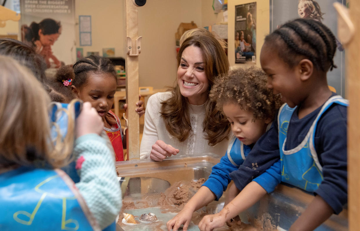 Britain's Catherine, Duchess of Cambridge, plays with children as she visits the LEYF (London Early Years Foundation) Stockwell Gardens Nursery & Pre-school in London, Britain January 29, 2020. Phil Harris/Pool via REUTERS