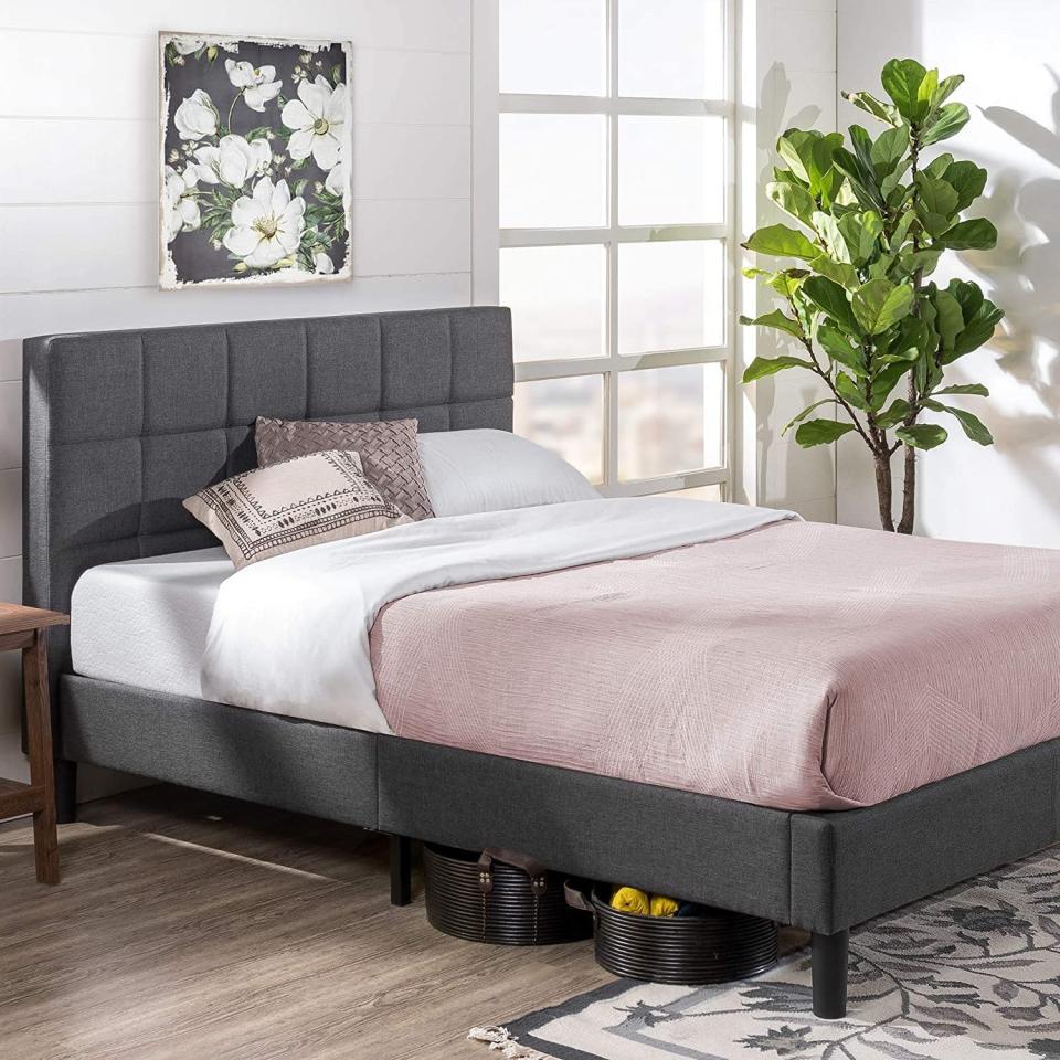 <p>This <span>Zinus Lottie Upholstered Square Stitched Platform Bed</span> ($192-$350) is a great first bed frame. The bed frame is easy to assemble and doesn't require a box spring, so you can save some money. Its soft padding makes it a cozy choice, too.</p>
