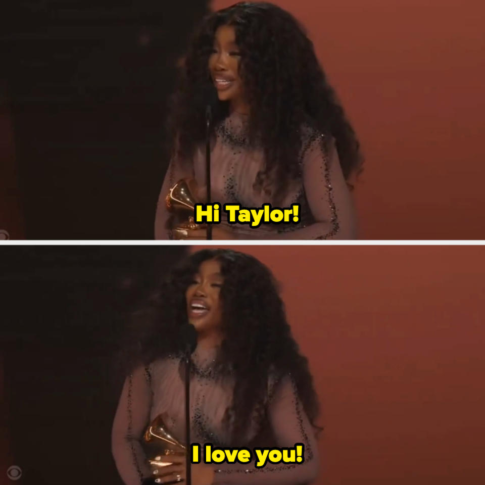 SZA saying onstage, "Hi, Taylor! I love you"