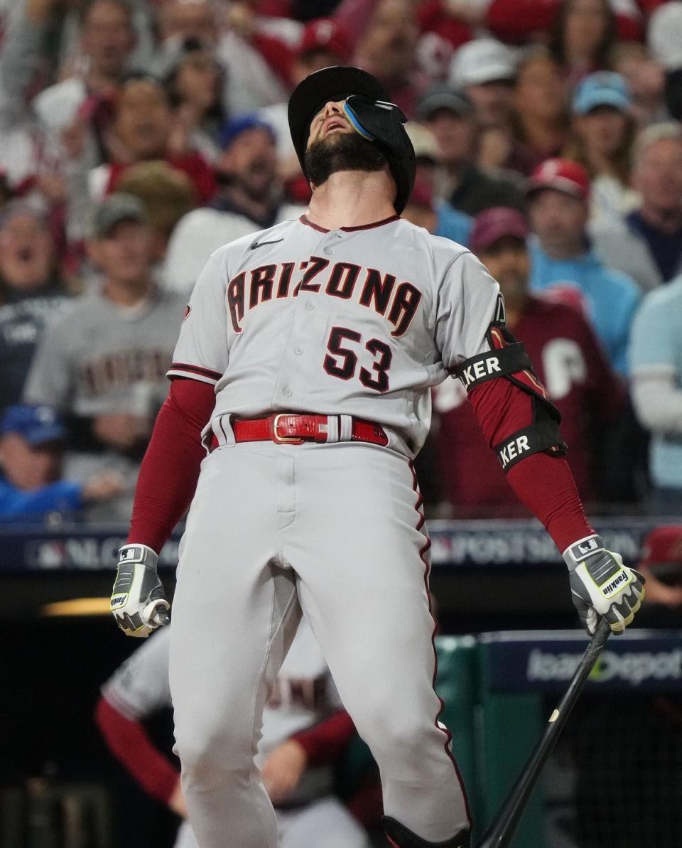 Arizona Diamondbacks Christian Walker (53) strikes out looking against the Philadelphia Phillies starting pitcher Aaron Nola (27) in the fourth inning during Game 2 of the NLCS at Citizens Bank Park in Philadelphia on Oct. 17, 2023.