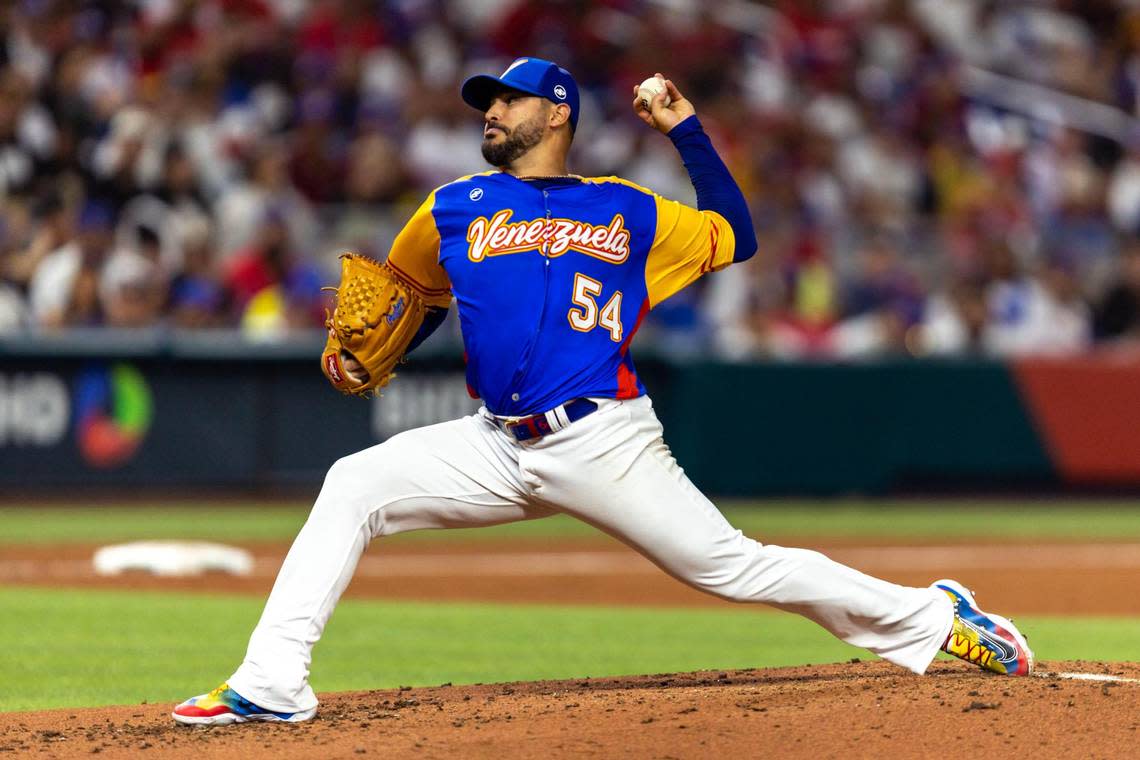 Venezuela pitcher Martín Pérez (X54 throws the ball during the first inning of a 2023 World Baseball Classic game against Dominican Republic at loanDepot Park in Miami, Florida, on Saturday, March 11, 2023.