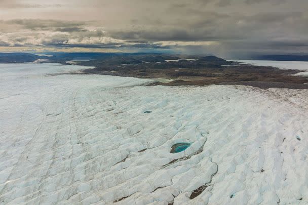 PHOTO: An aerial view of meltwater lakes formed at the Russell Glacier front, part of the Greenland ice sheet in Kangerlussuaq, Greenland, on Aug. 16, 2022. (Lwimages Ab/Getty Images)