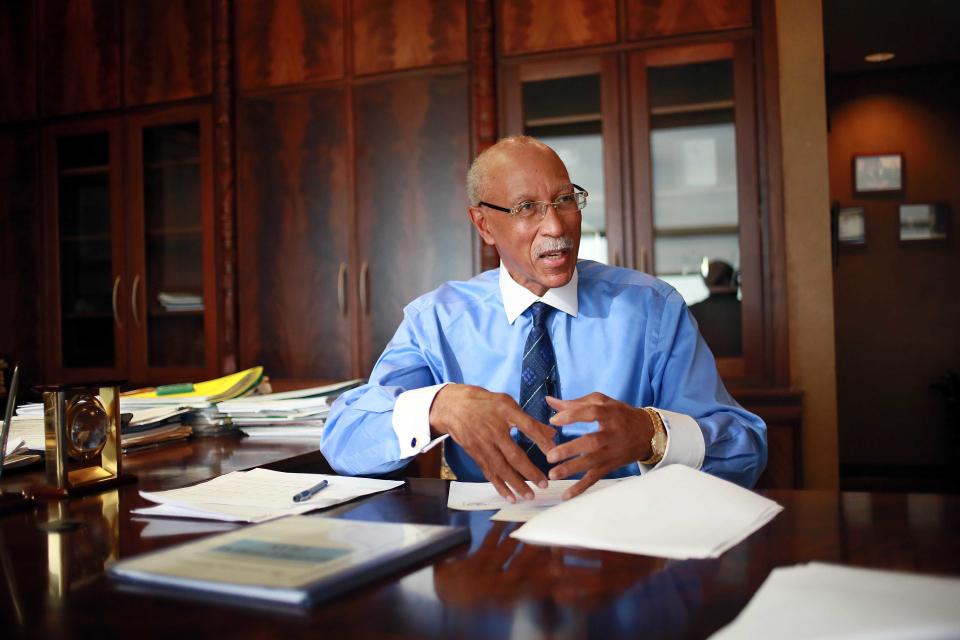 Detroit Mayor Dave Bing talks about his restructuring plan for the city of Detroit in his office at Coleman A. Young Municipal center in Detroit, on Dec. 14, 2012.