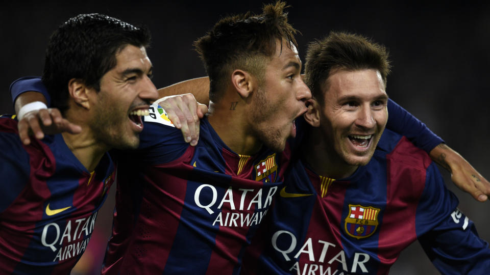 La MSN del Barcelona celebra uno de sus goles..