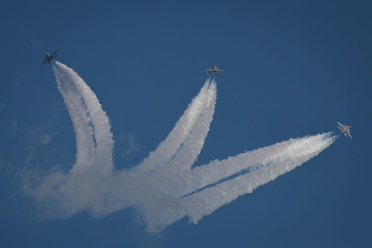 Indian Air Force Sukhoi Su-30MKI fighter planes perform during the inauguration of the Aero India 2023 at the Yelahanka Air Force Station in Bengaluru (Getty Images)