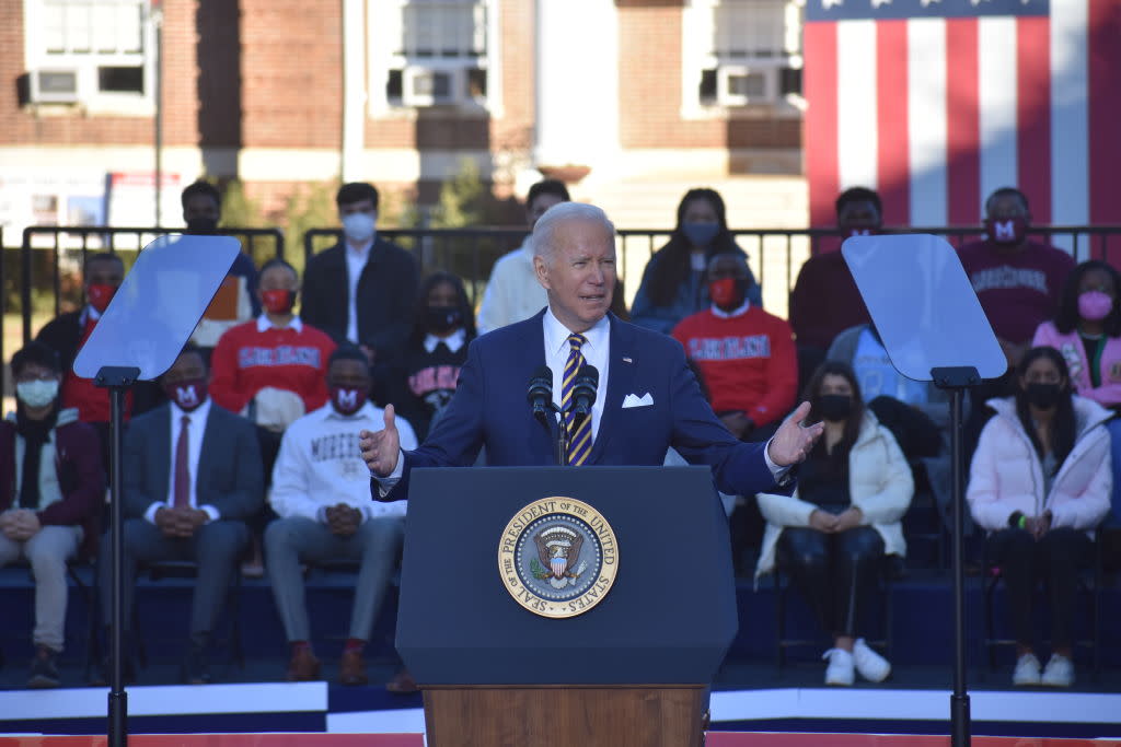 President of the United States Joe Biden and Vice President of the United States Kamala Harris speak to the American people about the urgent need to pass legislation to protect the constitutional right to vote and the integrity of our elections at Atlanta University Center Consortium on the grounds of Morehouse College and Clark Atlanta University in Atlanta, Georgia (Photo by Kyle Mazza/Anadolu Agency via Getty Images)