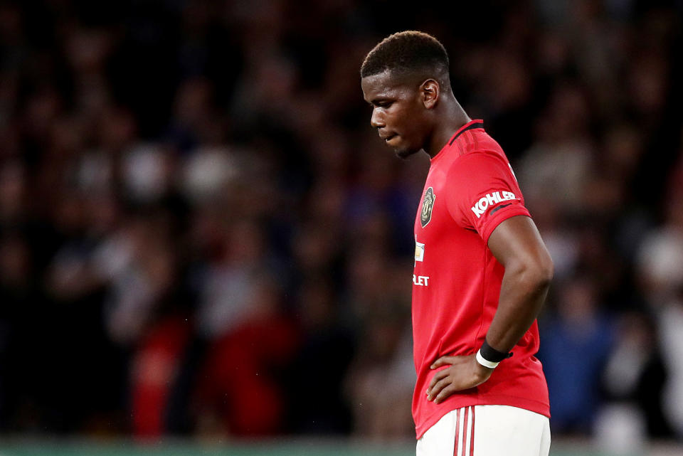 Soccer Football - Premier League - Wolverhampton Wanderers v Manchester United - Molineux Stadium, Wolverhampton, Britain - August 19, 2019   Manchester United's Paul Pogba reacts during the match   Action Images via Reuters/Carl Recine    EDITORIAL USE ONLY. No use with unauthorized audio, video, data, fixture lists, club/league logos or "live" services. Online in-match use limited to 75 images, no video emulation. No use in betting, games or single club/league/player publications.  Please contact your account representative for further details.