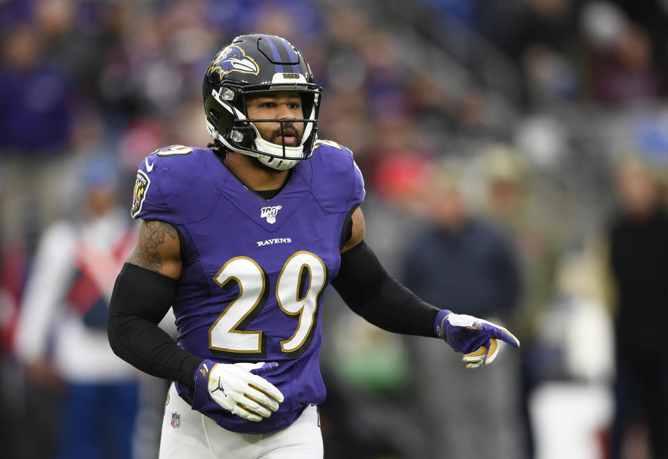 FILE - In this Nov. 17, 2019, file photo, Baltimore Ravens free safety Earl Thomas waits for a play during the second half of the team's NFL football game against the Houston Texans in Baltimore. The lawyer for the wife of Baltimore Ravens safety Earl Thomas said she is being subjected to an “unfounded ongoing investigation" by Texas police after she allegedly pointed a gun at her husband's head upon finding him in bed with another woman last month. (AP Photo/Nick Wass, File)