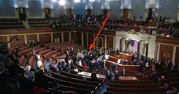 The House chamber is nearly empty after the State of the Union address ended. But President Joe Biden is still there, talking to literally anyone and everyone.