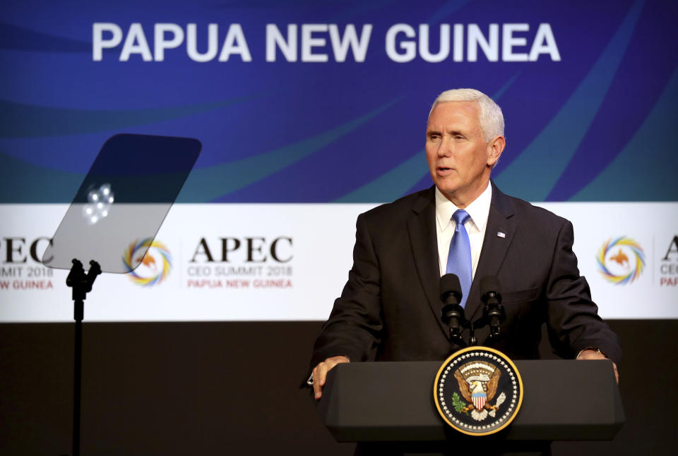 U.S. Vice President Mike Pence speaks at the APEC CEO Summit at the Pacific Explorer cruise ship docked in Port Moresby, Papua New Guinea, Saturday, Nov. 17, 2018. (AP Photo/Mark Schiefelbein)