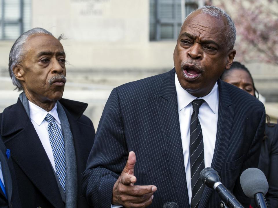 Rev. Al Sharpton listen at left as Wade Henderson, president of the Leadership Conference on Civil and Human Rights, speaks during a news conference outside of the Justice Department in Washington, Tuesday, March 7, 2017, following their meeting with Attorney General Jeff Sessions. (AP Photo/Cliff Owen)