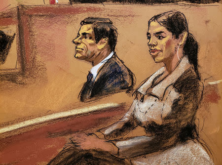 Emma Coronel Aispuro, the wife of Joaquin Guzman, looks on in this courtroom sketch during the Brooklyn federal court trial of accused Mexican durg lord Joaquin "El Chapo" in New York City, U.S., January 24, 2019. REUTERS/Jane Rosenberg
