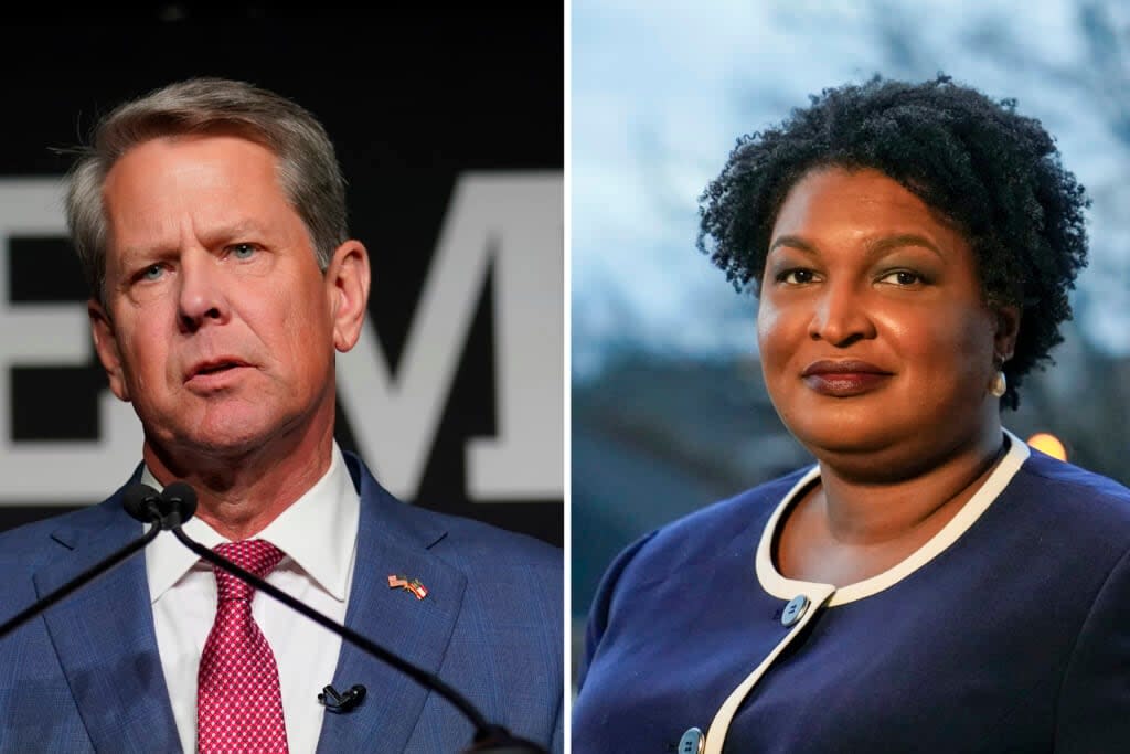 This combination image shows Georgia Gov. Brian Kemp Tuesday, May 24, 2022, in Atlanta, left, and Georgia Democratic candidate Stacey Abrams on Dec. 16, 2021, in Decatur, Ga. (AP Photo)