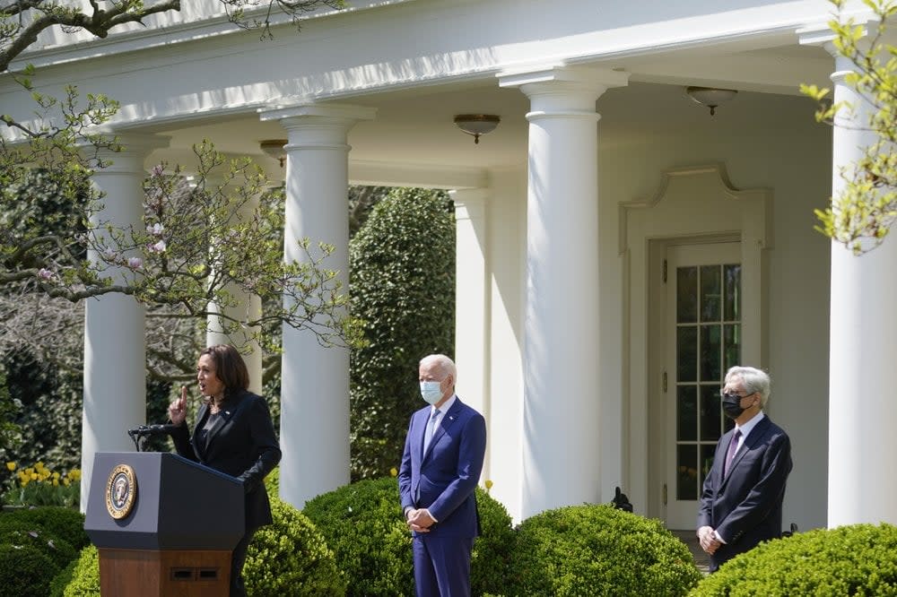 Vice President Kamala Harris accompanied by President Joe Biden and Attorney General Merrick Garland, speaks about gun violence prevention in the Rose Garden at the White House, Thursday, April 8, 2021, in Washington. (AP Photo/Andrew Harnik)