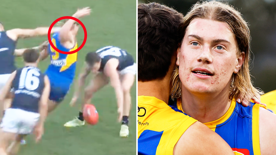 Kane Cornes has singled out West Coast prodigy Harley Reid (pictured right) for a lacklustre performance after interim coach Jarrod Schofield called out a number of individuals after the loss to Carlton. (Images: @FootyonNine/Getty Images)