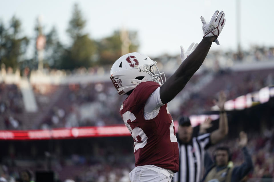 Stanford running back Sedrick Irvin celebrates after scoring a touchdown against Arizona during the second half of an NCAA college football game Saturday, Sept. 23, 2023, in Stanford, Calif. (AP Photo/Godofredo A. Vásquez)