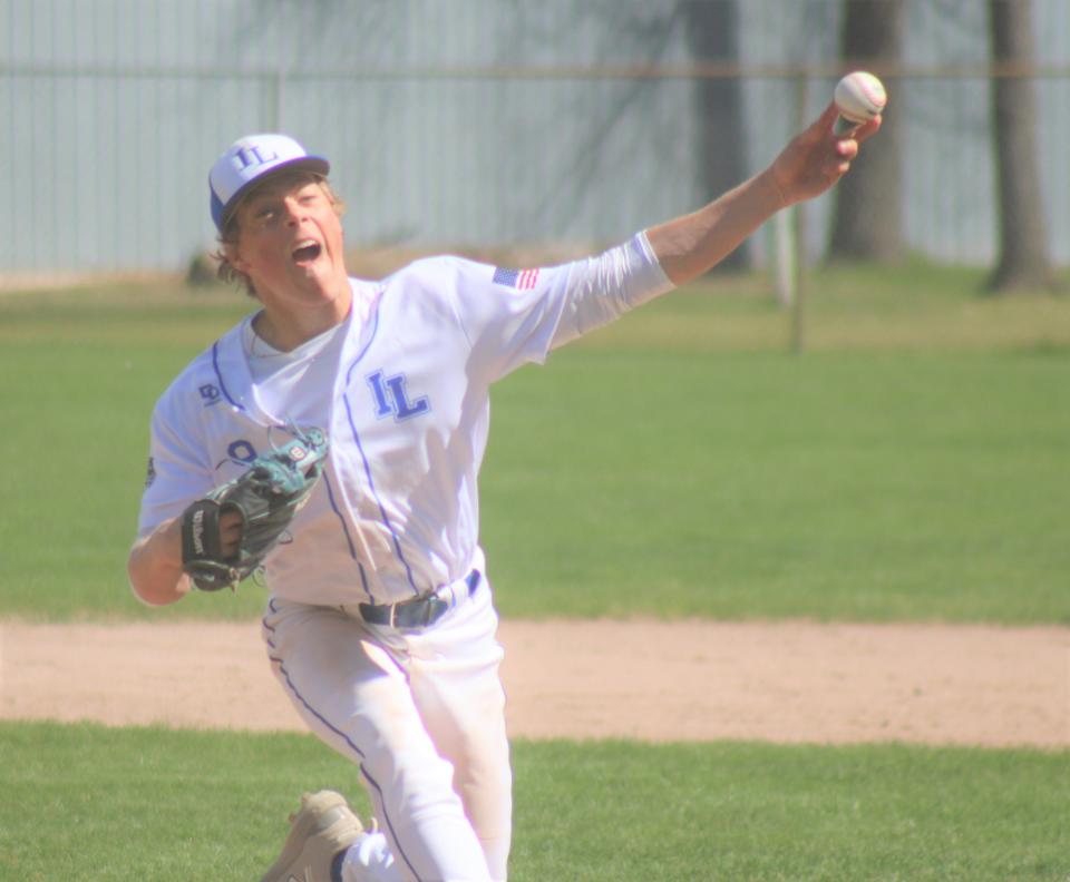 Inland Lakes senior pitcher Connor Wallace fires during game one of a baseball doubleheader against Mancelona on Friday, May 10. Wallace has been dominant during his final season with the Bulldogs, averaging 9.5 strikeouts per game.