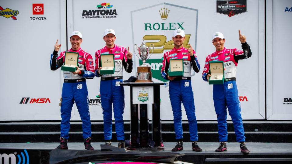 Overall Winners of the 2023 Rolex 24 At Daytona #60 Meyer Shank Racing: Simon Pagenaud, Colin Braun, Tom Blomqvist, and Helio Castroneves