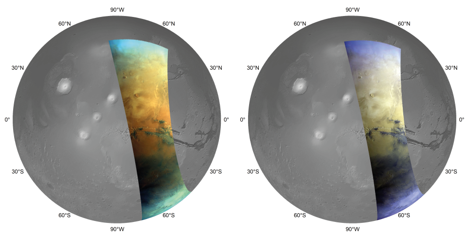 two images of mars; one in black and white and one colorized to highlight the Red Planet's terrain