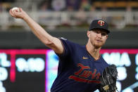 Minnesota Twins pitcher Bailey Ober throws against the Toronto Blue Jays in the first inning of a baseball game, Friday, Sept. 24, 2021, in Minneapolis. (AP Photo/Jim Mone)