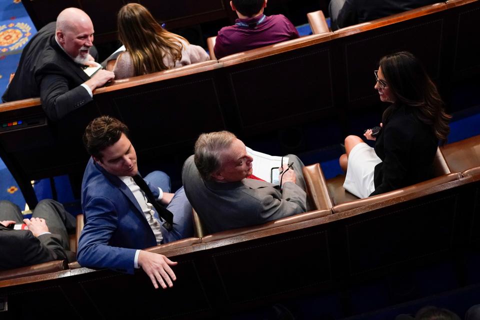 Rep. Chip Roy, R-Texas, top left, Rep. Matt Gaetz, R-Fla.,, Rep. Thomas Massie, R-Ky., and Rep. Lauren Boebert, R-Colo., look on during the fourth round of voting for speaker of the House.