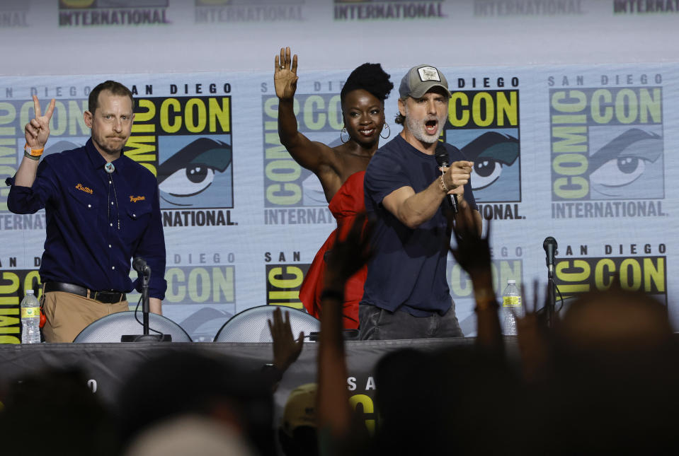 (L-R) Scott M. Gimple, Danai Gurira, and Andrew Lincoln at Comic-Con in San Diego in July