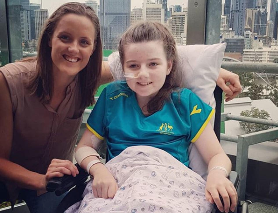 Melbourne girl Hannah Papps, 12, lost her leg after a shark attack in Cid Harbour in the Whitsundays. She is pictured here with Paralympian Ellie Cole.