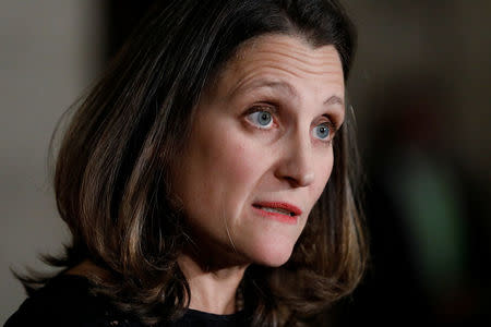 Canada's Foreign Minister Chrystia Freeland takes part in a news conference with U.S. Secretary of State Rex Tillerson (not shown) on Parliament Hill in Ottawa, Ontario, Canada, December 19, 2017. REUTERS/Blair Gable