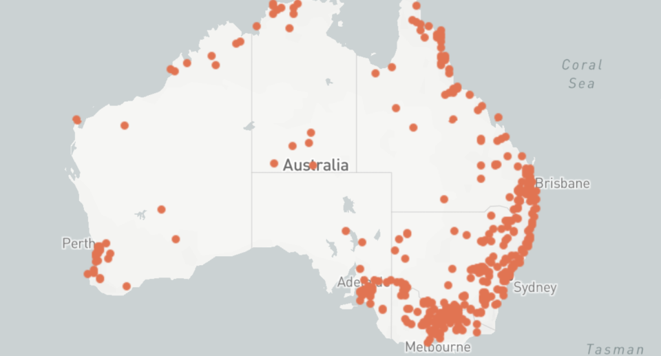 A map of Australia with mud dauber locations.